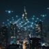 Futuristic cityscape with glowing AI neural networks.