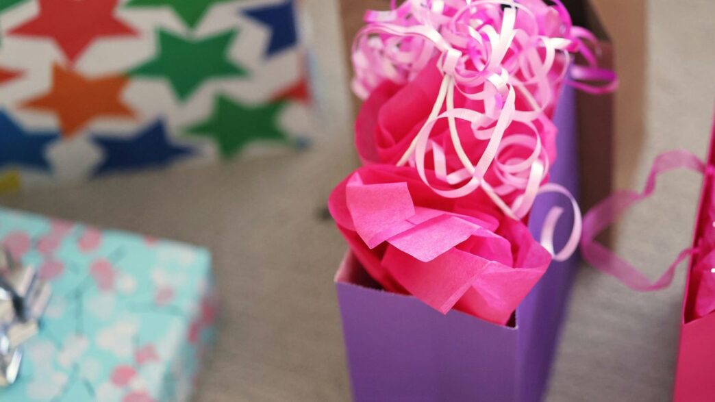 a pink and white box