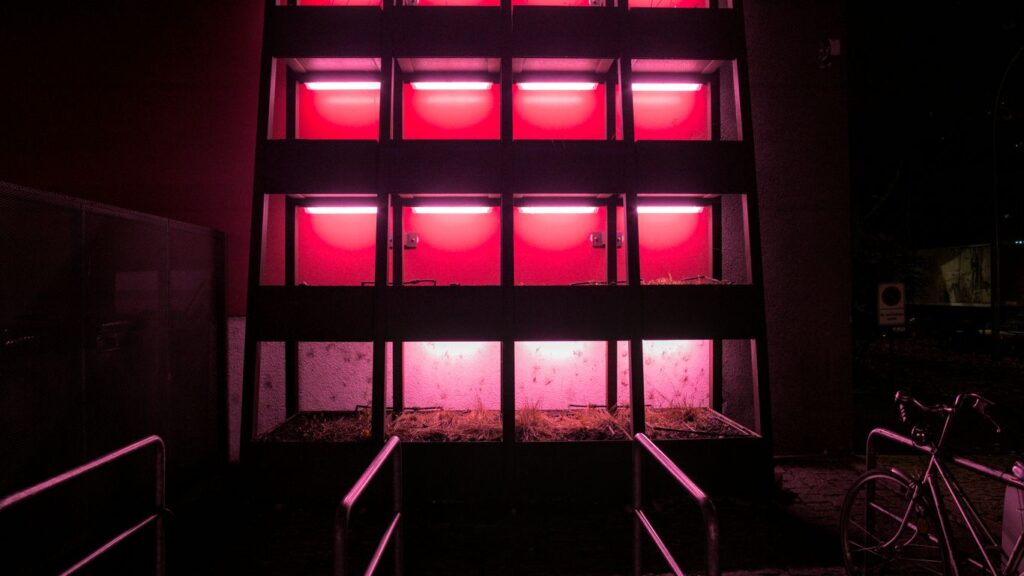 Modern building facade illuminated with bright pink lights