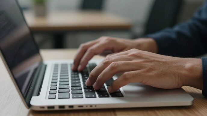 Hands typing on a laptop keyboard.