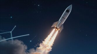 Rocket launching into a starry night sky.