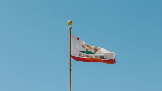 A flag flying in the wind on top of a building