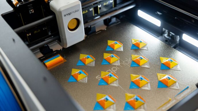 3D printer creating colorful geometric shapes