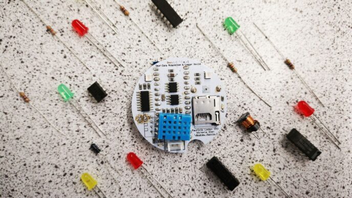 a group of electronic components sitting on top of a table
