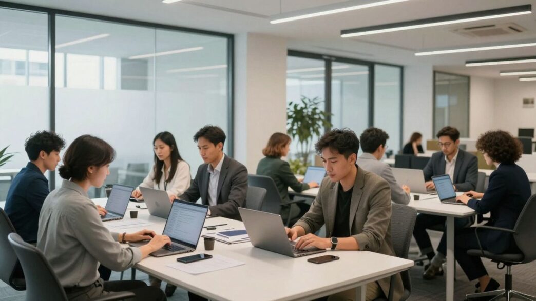 UK office professionals collaborating in modern workspace