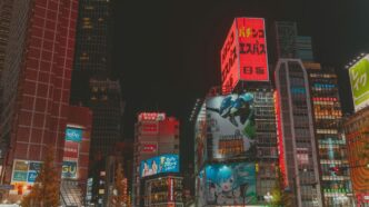 Vibrant cityscape with illuminated buildings at night