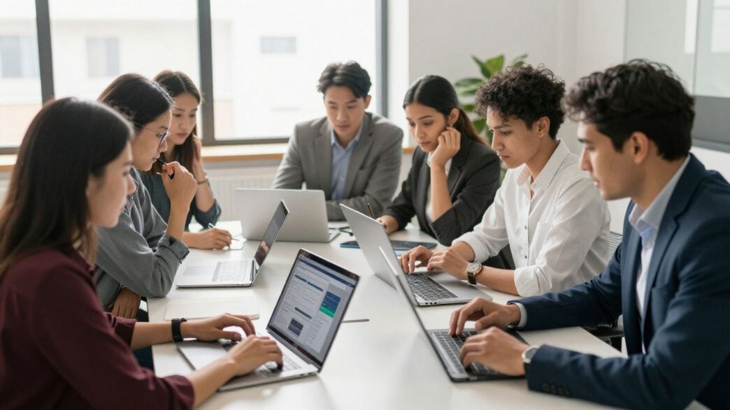 Professionals collaborating around a table with digital devices.