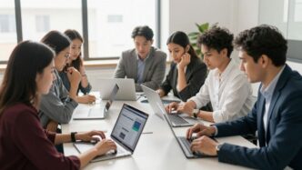 Professionals collaborating around a table with digital devices.