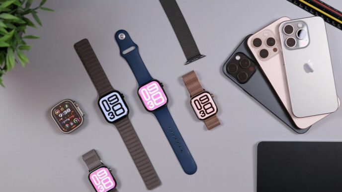 Apple watches and iphones arranged on a desk.