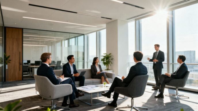 Modern venture capital firm office interior with people collaborating.