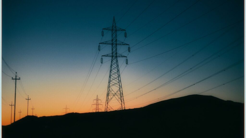 Power lines silhouetted against a twilight sky.