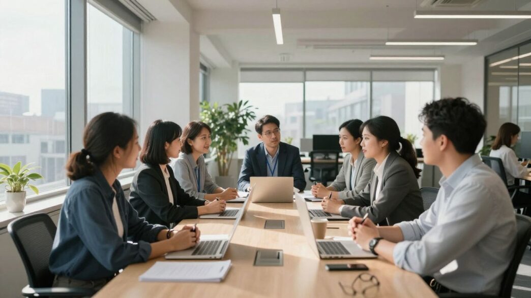 Alumni Ventures Group team collaborating in a bright office.