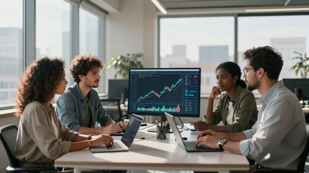 Team discussing sales commission strategy on a digital interface.