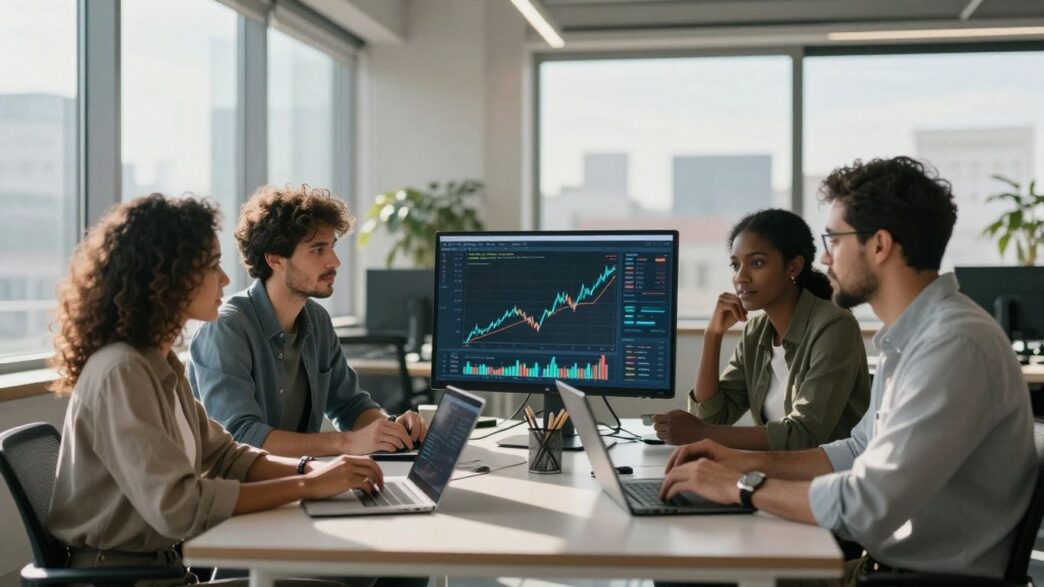 Team discussing sales commission strategy on a digital interface.