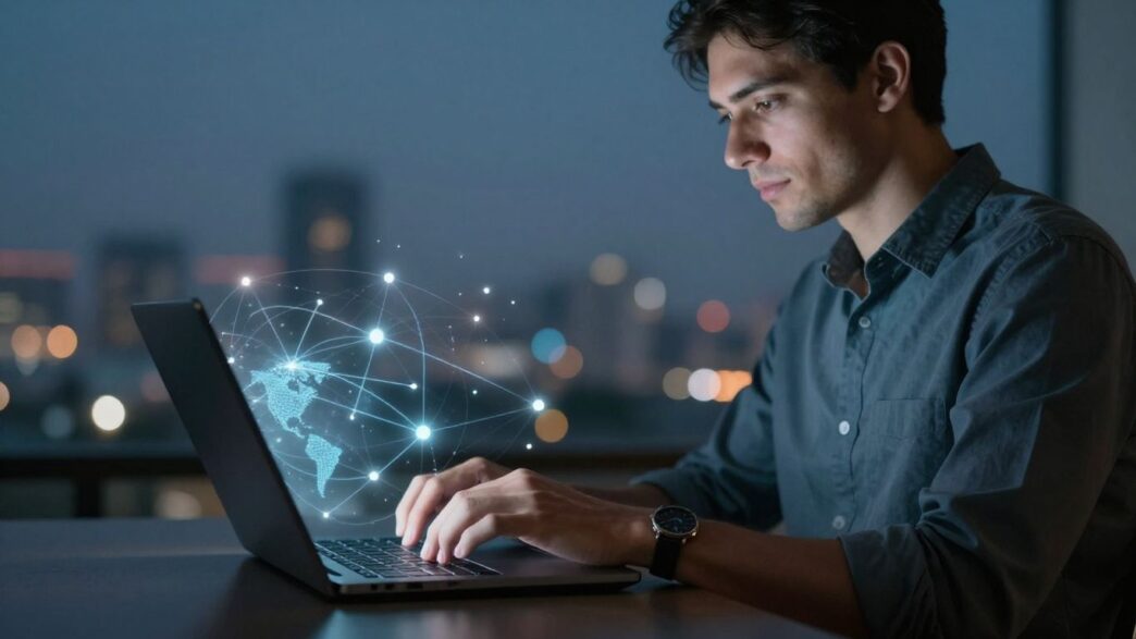 Person typing on laptop with digital network background.