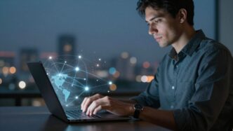 Person typing on laptop with digital network background.