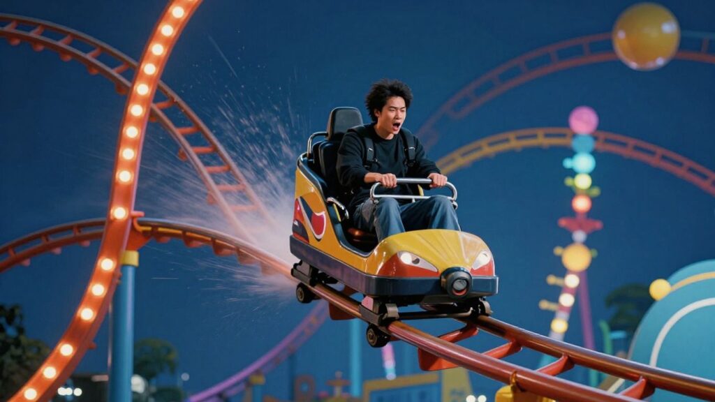 Person on a rollercoaster representing startup life's ups and downs.