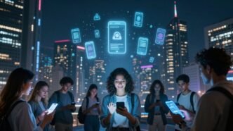 Futuristic cityscape with glowing mobile app icons and people.