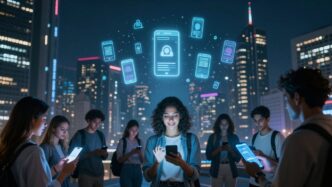 Futuristic cityscape with glowing mobile app icons and people.