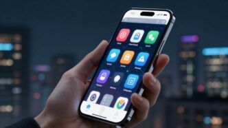 Hand holding smartphone with futuristic app icons displayed