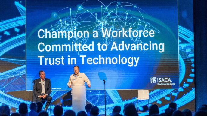 ISACA CEO, Erik Prusch speaking at the Global Leadership Summit in London