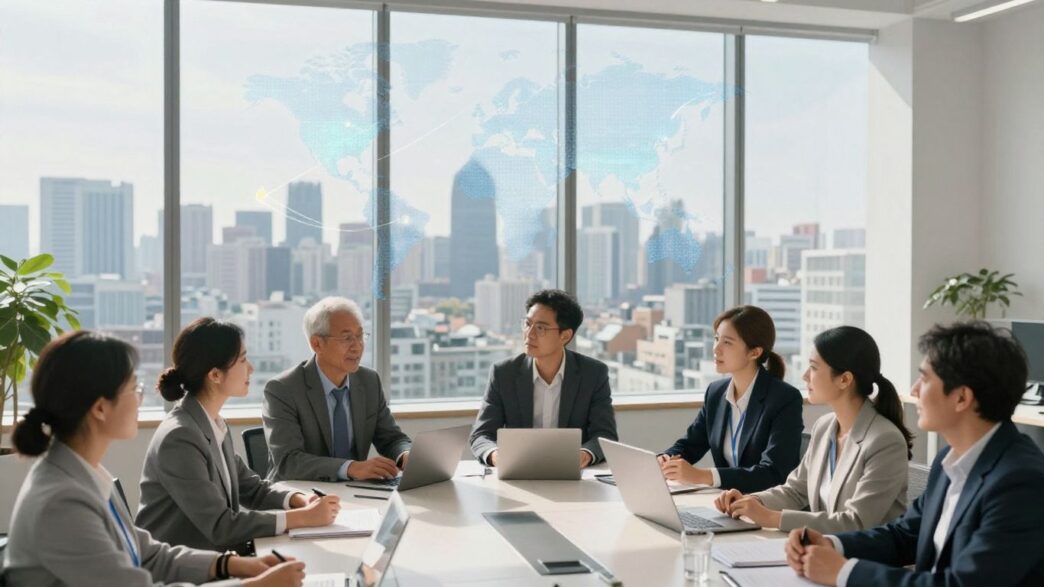 Professionals in a modern office overlooking a city.