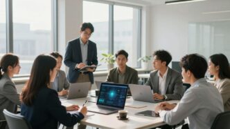 Business professionals discussing ERP software solutions in an office.