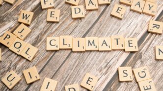 scrabble tiles spelling climate on a wooden surface