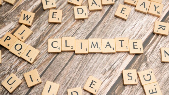 scrabble tiles spelling climate on a wooden surface