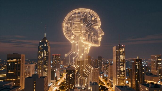 Futuristic cityscape with AI symbol, golden light.