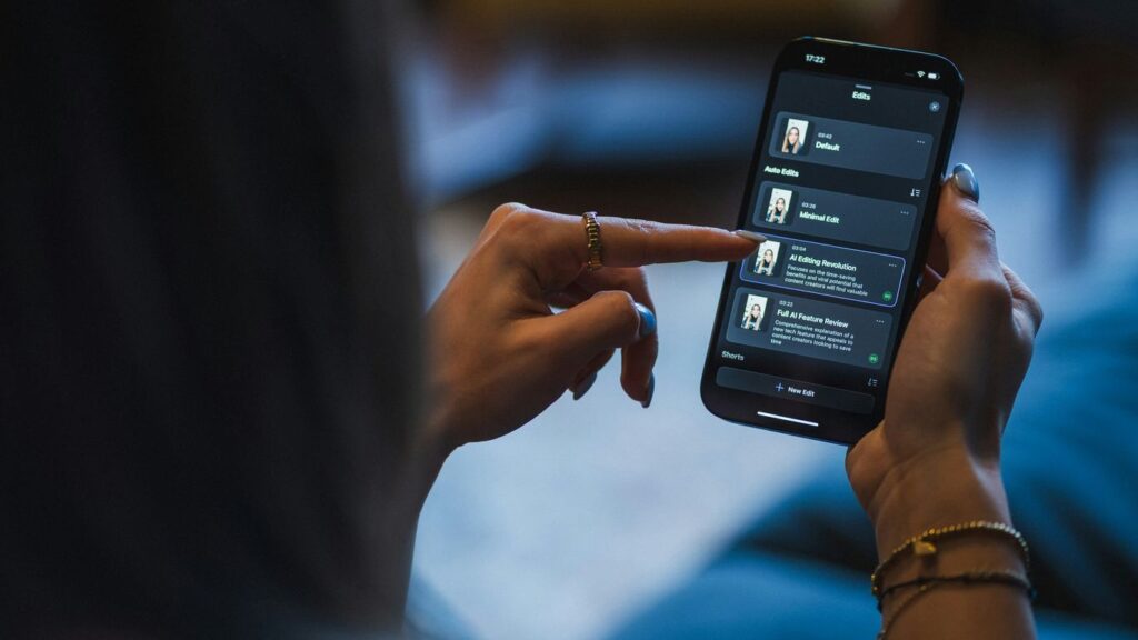 Woman using a smartphone with a smart home app.