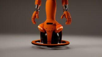 An orange robot with wheels and hands