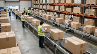 Modern ecommerce warehouse with robots and tablet-using workers