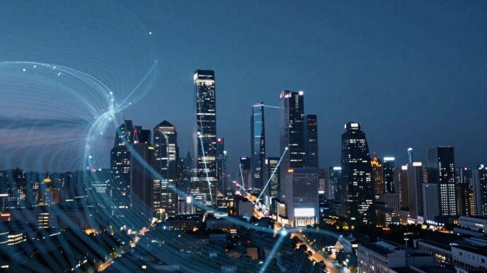 Futuristic cityscape with glowing lights and digital patterns.
