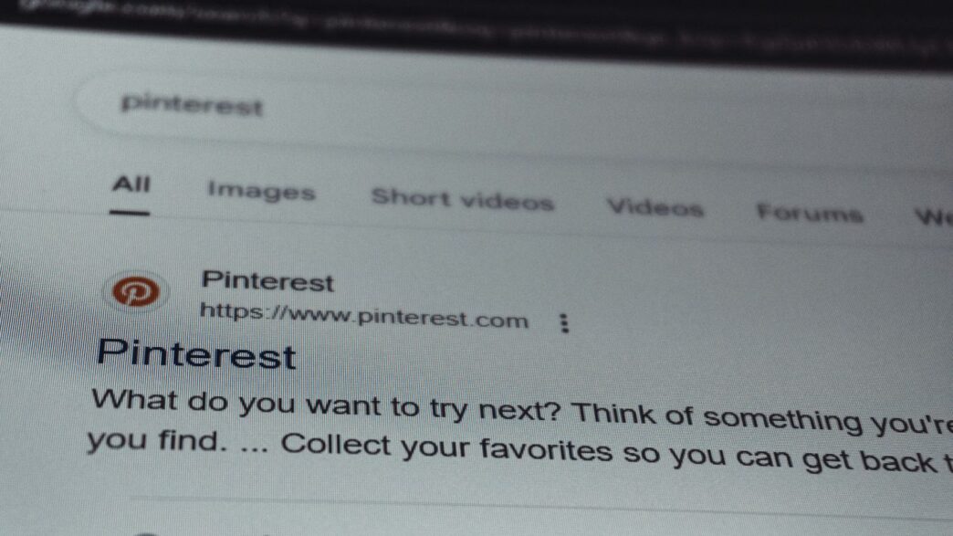 Search results page for pinterest on a screen.