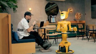 Man in cafe interacts with a yellow robot.