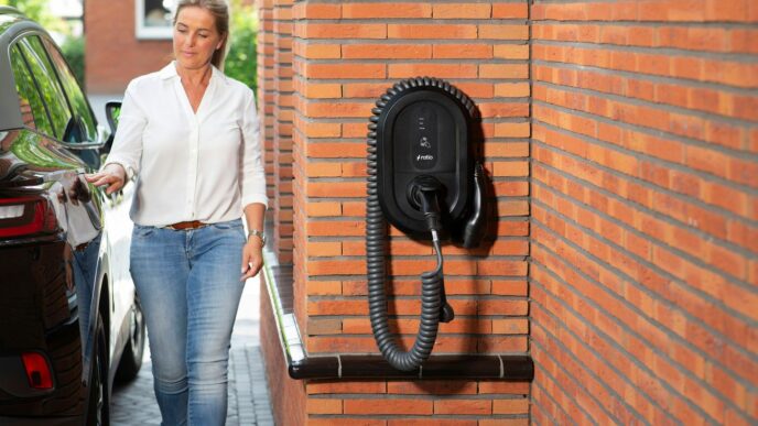Woman plugging electric car into wall charger