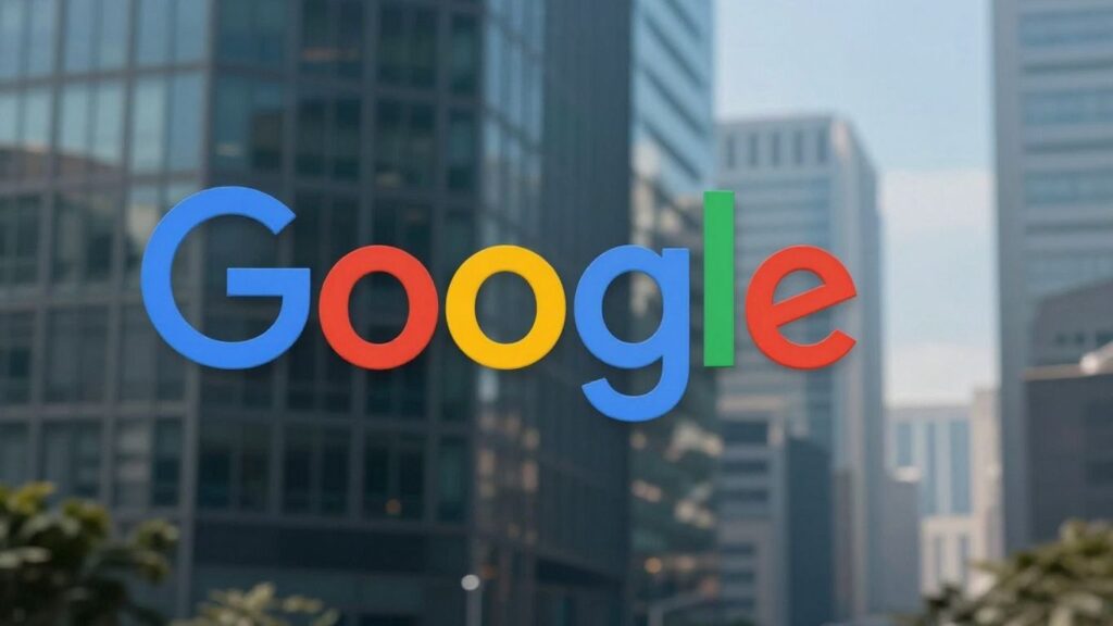 Google logo against a blurred cityscape.