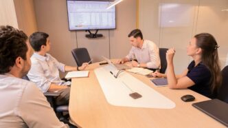 Business meeting with people around a conference table.