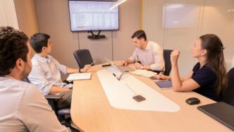 Business meeting with people around a conference table.