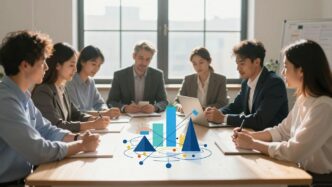 Professionals planning a SaaS company structure with abstract growth visuals.