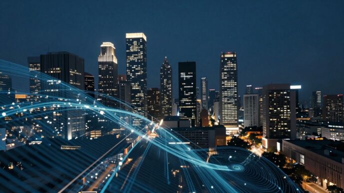 Futuristic cityscape with glowing lights and digital patterns.