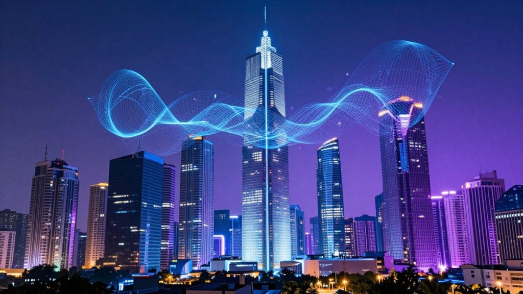 Futuristic cityscape with digital streams and abstract data.