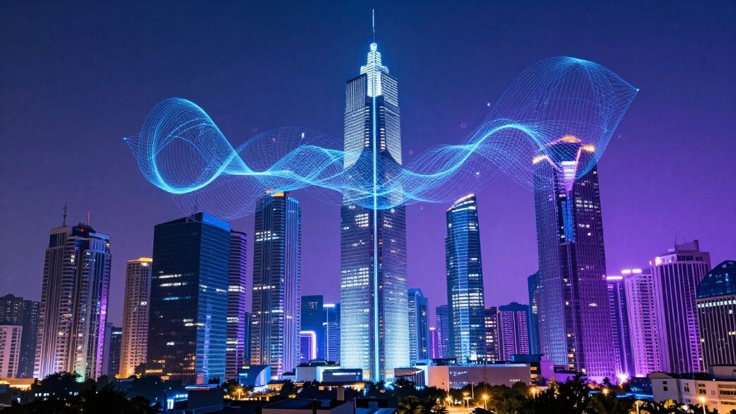 Futuristic cityscape with digital streams and abstract data.