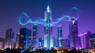 Futuristic cityscape with digital streams and abstract data.