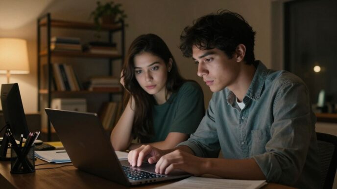 Couple working together in a home office, one supporting the other.