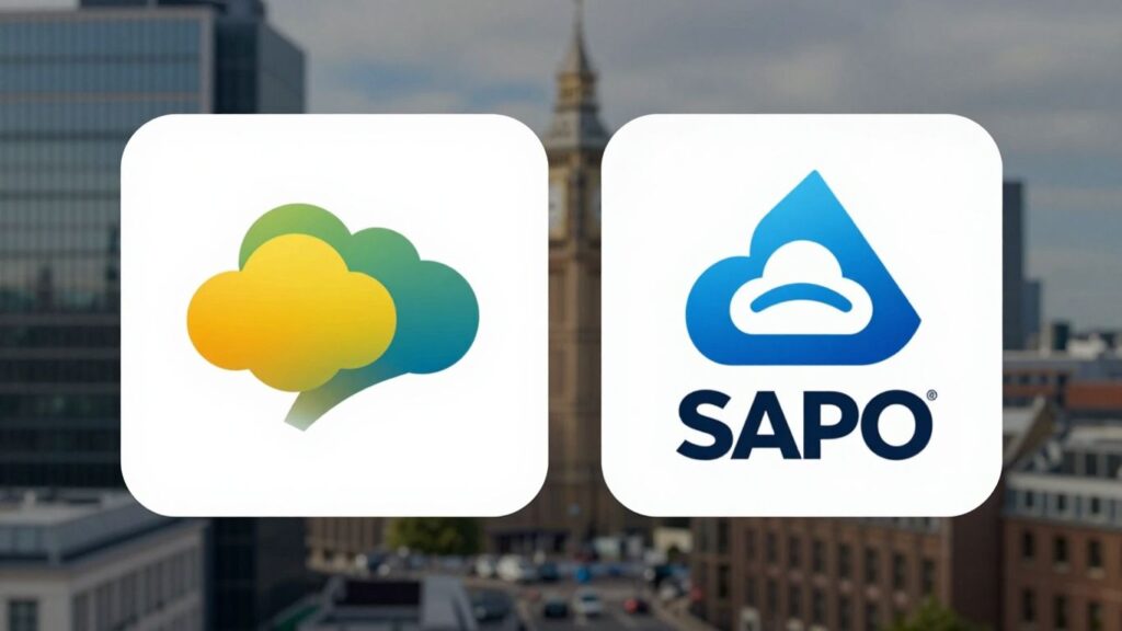 Salesforce and SAP logos with UK cityscape background.