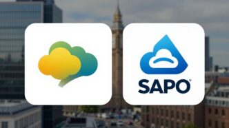 Salesforce and SAP logos with UK cityscape background.