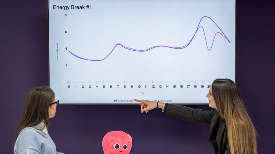 Two women analyze a line graph on a screen.
