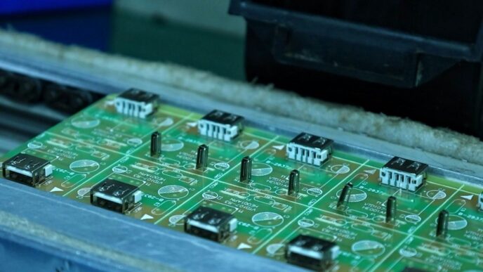 Electronic components are arranged on a circuit board.